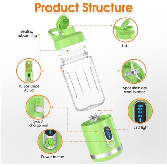 Portable Blender, Mini Blender USB C Rechargeable, 15.2 Oz, Green - Picture 3 of 7